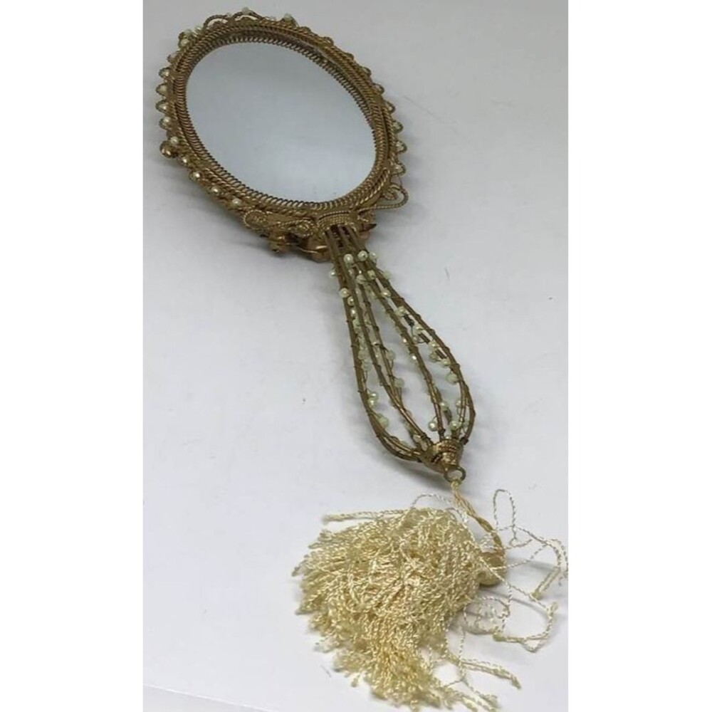 Gold Tone Metal Mirror Wire Pearls Tassel Vintage Filigree Vanity Hand Velvet